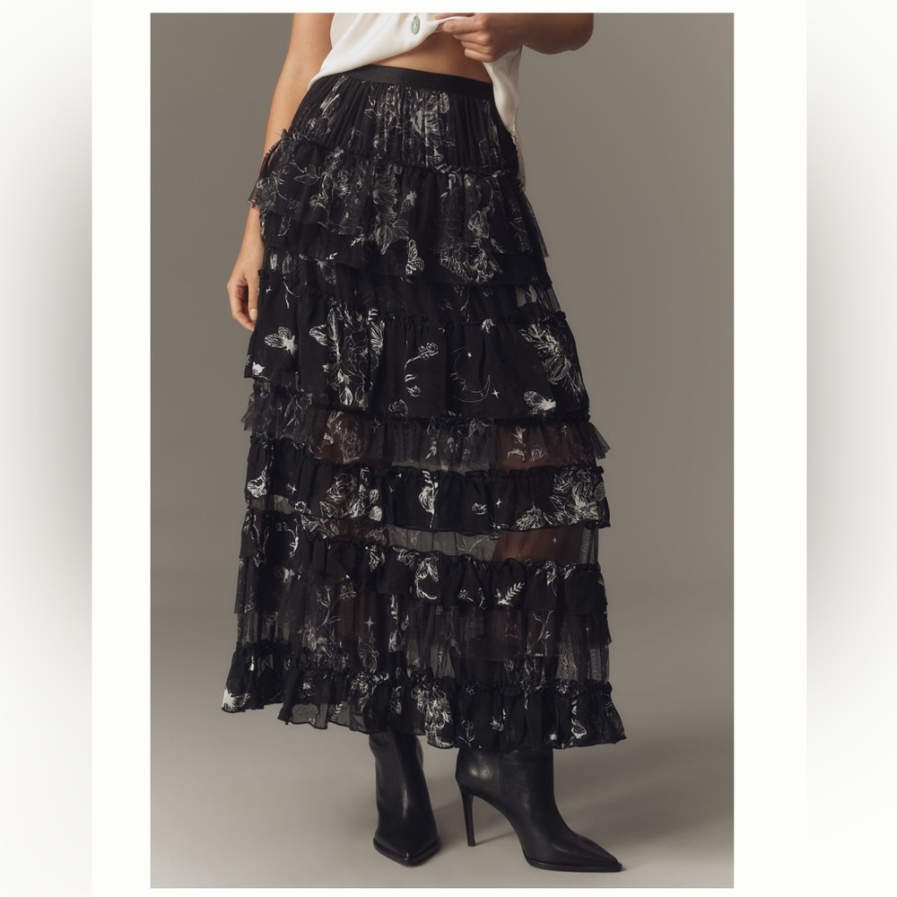 Anthropologie Black Tiered Ruffle Maxi Skirt with Silver Floral Accents